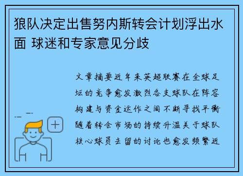 狼队决定出售努内斯转会计划浮出水面 球迷和专家意见分歧