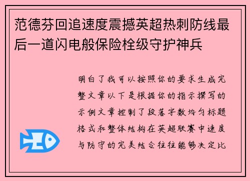 范德芬回追速度震撼英超热刺防线最后一道闪电般保险栓级守护神兵